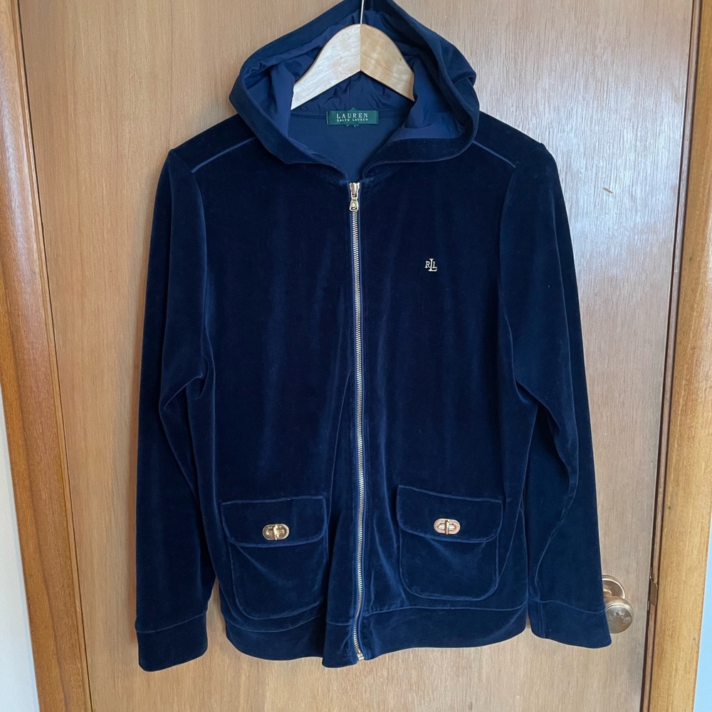 Ralph Lauren Navy Blue Velvet Gold Hardware Hooded Track Sweat Jacket Size M